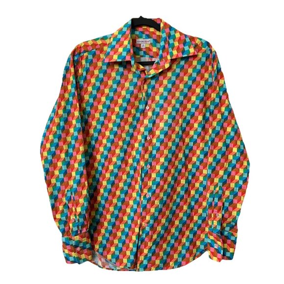 Coton Doux Button Up Mens 39 15 1/2 3D Cube Print Pattern Shirt - Picture 1 of 8